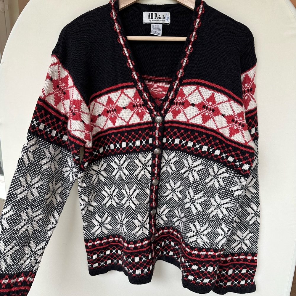 Vintage All Points Fair Isle Cardigan - Nordic Style Black‎ Red White